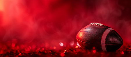 Black-Gold American football standard ball under red background.の素材