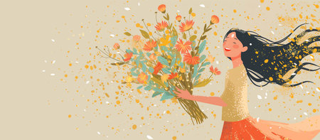 Cute girl with flowers.Children illustration for School books and more.T-shirt graphic.cartoon character.vintage postcard.の素材