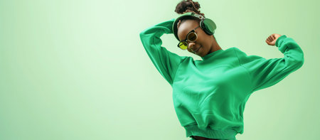 Portrait of a smiling young African woman wearing sweater standing on green backgroundの素材