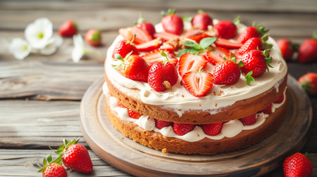 Fraisier mousse cake. Strawberry cake on a wooden background. Summer dessert.の素材