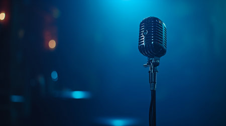 3d retro microphone on red royal backgroundの素材