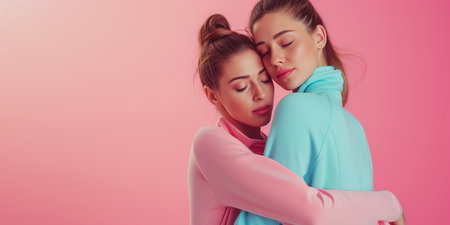 Couple in love looking at each other with love and smiling on pink background.の素材
