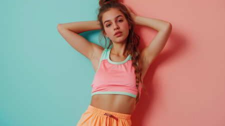 young woman cute face expression posing on pink bright background , emotional, funnyの素材