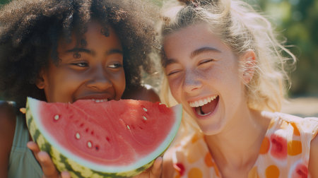 Close up portrait of two young girls enjoying a watermelon. Female friends eating a watermelon slice and laughing together.の素材