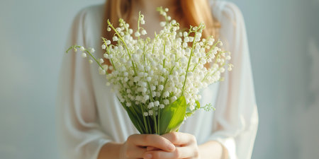 a bouquet of lilies of the valley lies on a wooden pier next to a femaleの素材