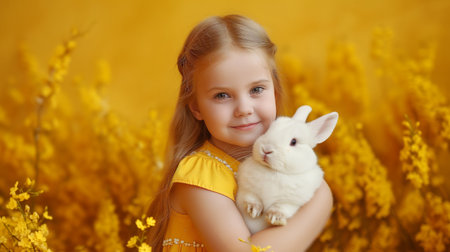 happy little girl holding cute furry rabbits isolated on whiteの素材