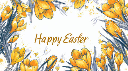 Vector card Happy Easter. Floral frame with crocuses and snowdrops. Purple backgroundの素材