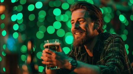 Saint Patricks Day. Surprised bearded man in leprechaun hat holding green beer with shamrock leaves. Patrick's Day pub party. Irish tradition. Festival on March 17th. Traditional holiday. Patrick's day.の素材