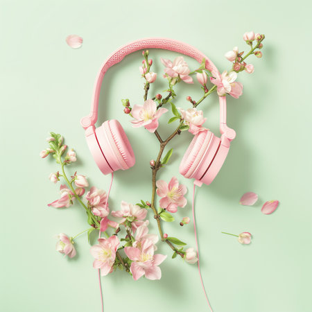 Pink headphones and flowers levitating on green background. Music, flowers, spring background. Creative spring or music minimal arrangementの素材