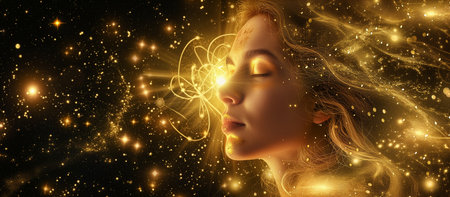 Celestial blonde beautiful woman and moon esoteric golden, Boho astronomy astrology lunar magic background.の素材