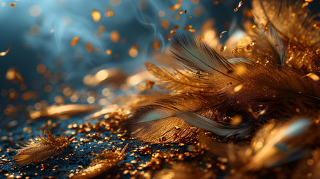 Gold feathers, bird wings plumage. Luxury vintage pen from quills. Soft fluffy golden feathers flying in air isolated on transparent background, vector realistic illustrationの素材
