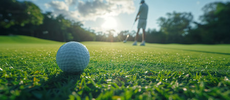 Golfer putting golf ball on the green golf, lens flare on sun set evening time.の素材