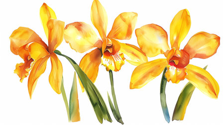 yellow orchid, tropical flowers, isolated white background, watercolor illustration, botanical painting, greeting cardの素材