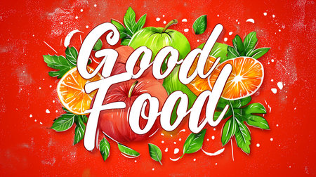 Good food typography vector design for health centers, organic and vegetarian stores, poster, logo. Good food vector text. Calligraphic handmade lettering. Vector illustration.の素材