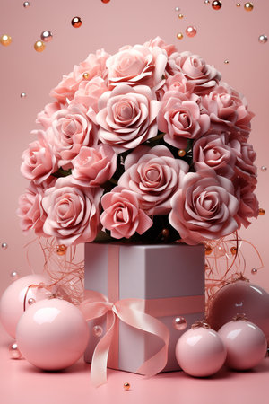 Gift box and beautiful rose flowers on pink background, closeup.の素材