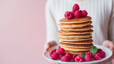Close up cropped female hold in hand tasty yummy stacke of pancakes with raspberries isolated on pastel plain light blue color wall background studio. Cook food concept. Copy space advertising mock upの素材