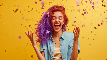 portrait of funny blond woman in birthday hat and blue shirt and red confetti on yellow background. Celebration and party. Having funの素材