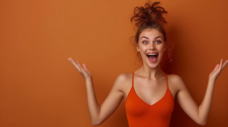 young woman cute face expression posing on pink bright background, emotional, funnyの素材