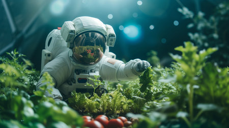 An astronaut gardening in the spaceship. Concept of: ecological, new worlds and new life, exploration and scienceの素材