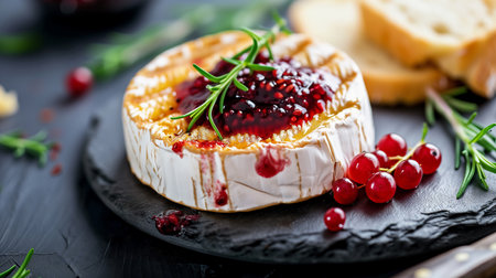 Grilled cheese cranberry jam and walnuts on old wooden backgroundの素材