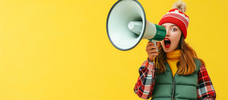 Happy black woman, megaphone and speaker in advertising or marketing against a yellow studio background. African female person, smile or voice with loudspeaker in announcement, alert or discount saleの素材