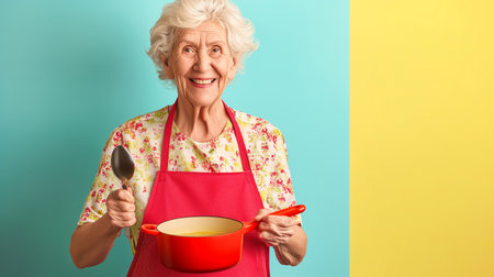 Angry old woman with a pan on a white backgroundの素材