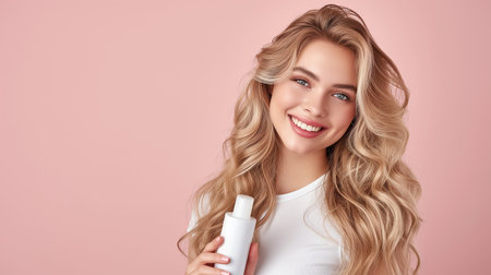 beautiful woman hair coloring in ultra blond. Stylish girl hairstyle curls done in a beauty salon. Fashion, cosmetics and makeup.の素材