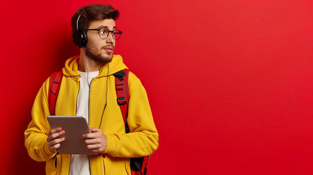Young freckled african american man wearing red hoodie and headphones standing isolated on yellow background listening to music closed eyes smiling delightfulの素材