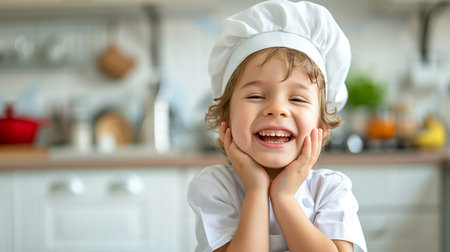 Toddler boy playing with the dough in the kitchen dressed as a chef. Child baking a cakeの素材