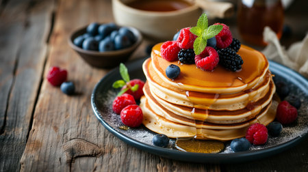 A stack of pancakes with whipped cream, fresh berries and honey on a white plate on a gray concrete backgroundの素材