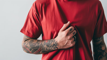 cropped shot of stylish young tattooed man in t-shirt standing on isolated gray backgroundの素材