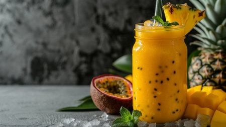 Summer mango and pineapple smoothie. Fresh fruit yellow smoothieの素材