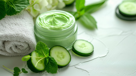 Cosmetic cream and cucumber isolated on white backgroundの素材