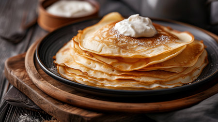breakfast with russian pancakes with berries and honey on background, top viewの素材