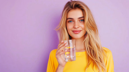 Casual style young woman posing on isolated studio background, hold water glass. Beautiful girl portrait. Female model poses.の素材