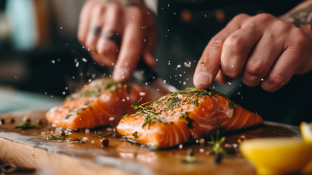 Man squeezing lime onto salmon steak, adding sour flavor to fish. Delicious gourmet seafood dish.の素材