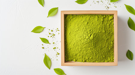 instant matcha green tea in wood bowl on a white backgroundの素材