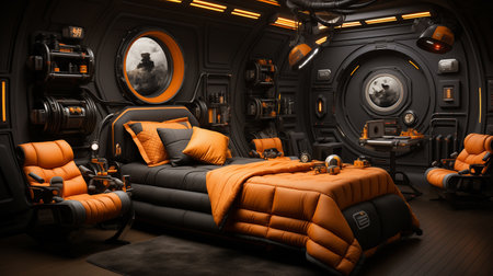 Modern children's room, in space style. Graphite black colors and bright orange lighting. Bed and interior items in a futuristic style. 3dの素材