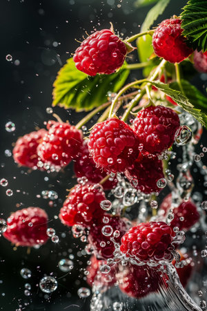 Raspberry falls in water Water splashes.の素材
