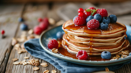 A stack of pancakes with whipped cream, fresh berries and honey on a white plate on a gray concrete backgroundの素材