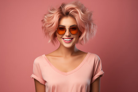 Cool young woman in pink hair, smiles on isolated backgroundの素材