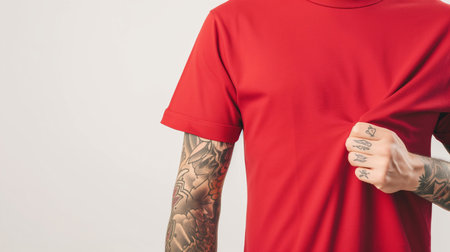 cropped shot of stylish young tattooed man in t-shirt standing on isolated gray backgroundの素材