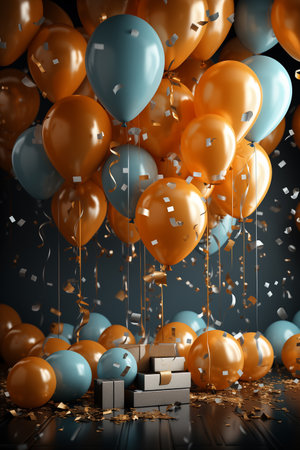 Christmas, new year or birthday background - wall decoration in golden and silver color with gifts and air balloons.の素材