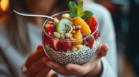 Wild acai blended with fresh strawberry and banana, topped with fresh kiwi, pomegranate, strawberry, dragonfruit, almond flakes, granola, and layered with chia pudding.の素材