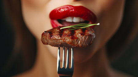 Eating Meat. Closeup Of Woman Mouth With Red Lips, White Teeth Biting Tasty Beef Steak On Fork. Close-up Of Beautiful Female Mouth Eating Delicious Grilled Meat. NutritionConcept. High Resolutionの素材