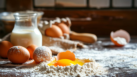 two cracked eggs showing yellow yolk on a pile of white flour with a whiskey and full eggs in the back ground, shot with focus of subjectの素材