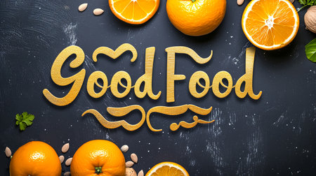 Good food typography vector design for health centers, organic and vegetarian stores, poster, logo. Good food vector text. Calligraphic handmade lettering. Vector illustration.の素材