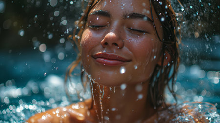 girl having fun in swimming pool. Summer vacation and healthy lifestyle concept,の素材