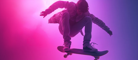 Cool young guy skateboarder jumps on skateboard in studio on gray background. Photography about skateboarding tricksの素材