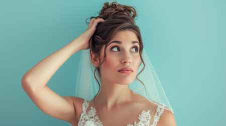 Puzzled confused passive worried bride young woman, background studio portrait.の素材